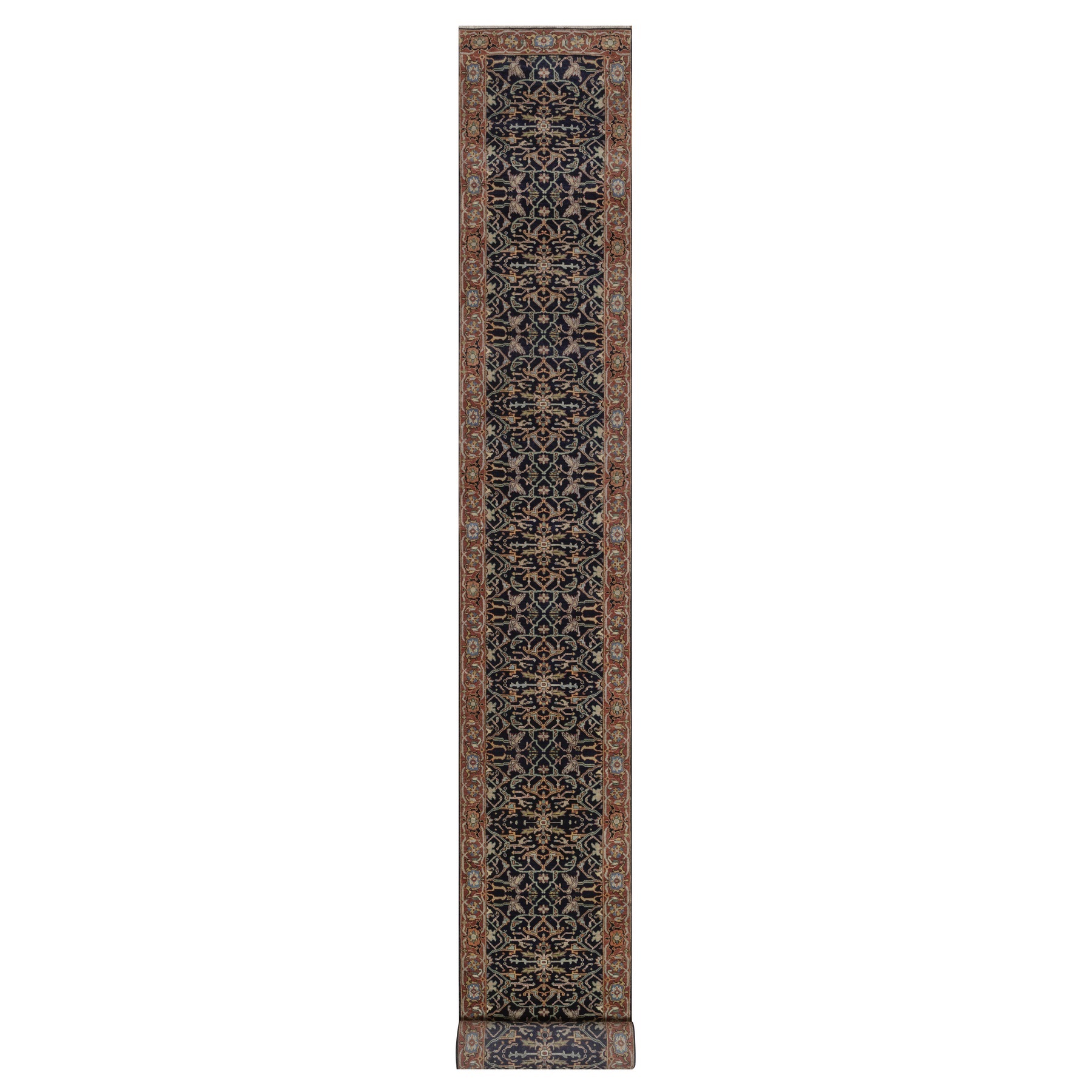 2'7"x23'8" Midnight Blue, Antiqued Fine Heriz Re-Creation, All Over Design, Hand Spun New Zealand Wool, Denser Weave, Vegetable Dyes, Hand Knotted, XL Runner, Oriental Rug 